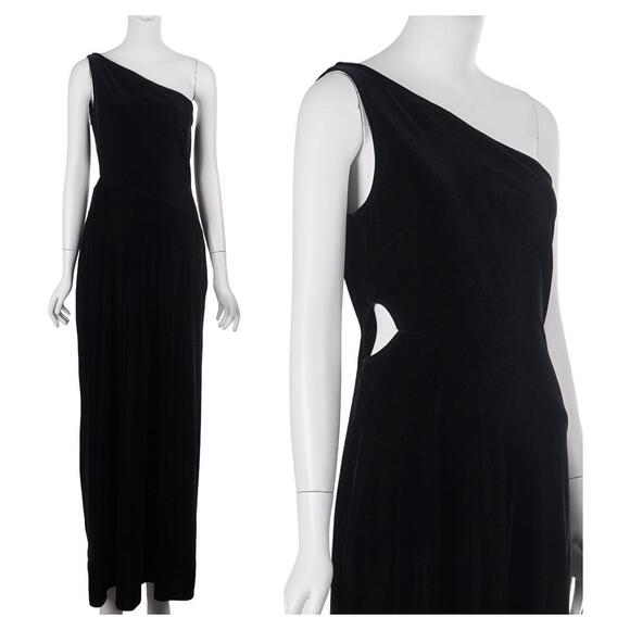 Vintage Dresses & Skirts - VINTAGE 80s Steppin Out Maxi Dress M Black Stretch Velvet One Shoulder Cutout